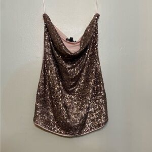 Express Brown and Pink Strapless Sequin Holiday Party Top